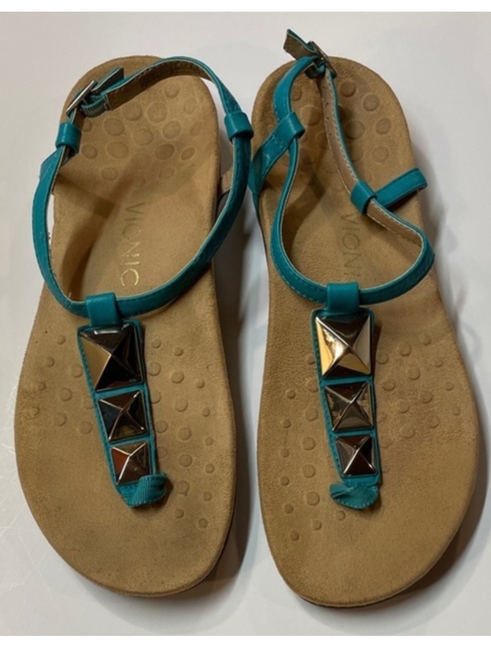 Vionic Teal Sandals Gold Pyramid Studs Comfort Orthotic Shoes Women’s Sz 9